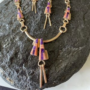 Vintage Navajo Tom David 14K Inlay Necklace and Earrings Native American